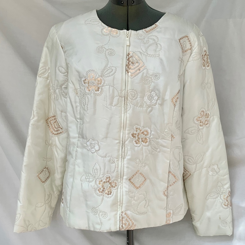 Ruby Rd satin zippered jacket embroidery & sequins cream colored size 16